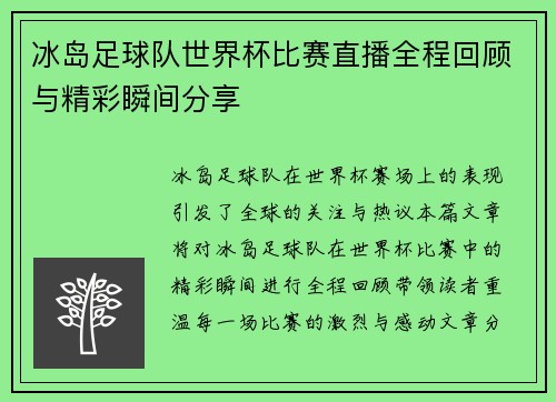 冰岛足球队世界杯比赛直播全程回顾与精彩瞬间分享